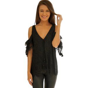 Hale Bob Small Cold Shoulder Lace Top With Tassel Tie Detail in Black